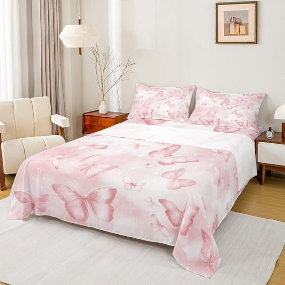 jejeloiu Kawaii Butterfly Twin Sheet Sets,Girls Pink Twin Fitted Sheet,Fairy Tale Theme Flat Sheet For Girls Teens,Ultra Soft Home Decor,3 Pieces