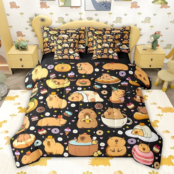 jejeloiu Kawaii Capybara 7-Piece Twin Bedding Sets,Cartoon Capybara Lover Bedding Comforter Set For Boys Kids Reversible