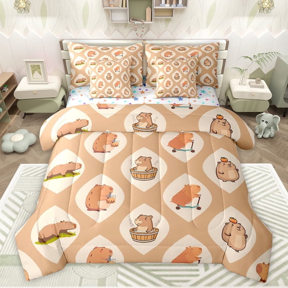 jejeloiu Kawaii Capybara 7-Piece Twin Bedding Sets,Cute Cartoon Animal Bedding Comforter Set,Brown Kapibara Sheet Sets For Kids,Ultra Soft Home Decor Reversible