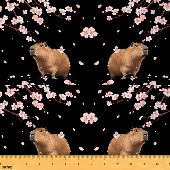 jejeloiu Kawaii Capybara Fabric by the Yard 1 Yard,Rustic Sakura Home Decor Fabric by the Yard,Brown Black Pink Sewing Fabric For Girls Teens,Breathable Home Decor