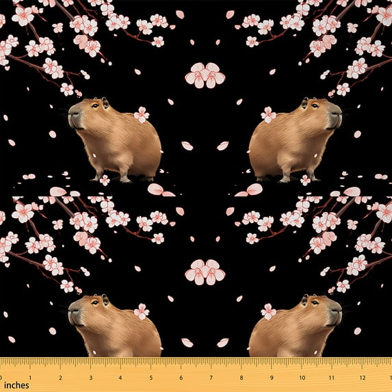 jejeloiu Kawaii Capybara Fabric by the Yard 5 Yards,Rustic Sakura Fabric for Sewing,Brown Black Pink Home Decor Fabric by the Yard For Girls Teens,Breathable Home Decor