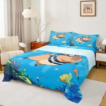 jejeloiu Kawaii Capybara Twin Sheet Sets,Brown Blue Bedding For Boys Kids 3-Piece