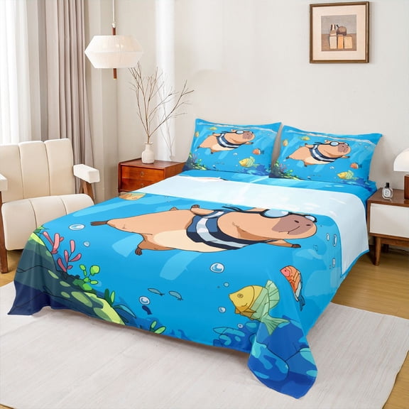 jejeloiu Kawaii Capybara Twin Sheet Sets,Brown Blue Bedding For Boys Kids 3-Piece