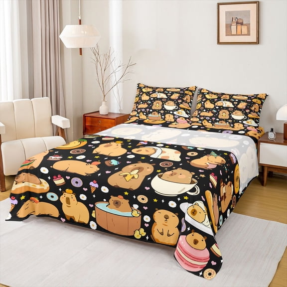 jejeloiu Kawaii Capybara Twin Sheet Sets,Cartoon Capybara Lover Bedding For Boys Kids 3pcs
