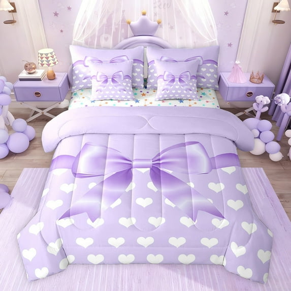 jejeloiu Kawaii Cartoon Bow 7-Piece Twin Bedding Sets,Cute Heart Print Bedding Comforter Set For Girl Kids Reversible