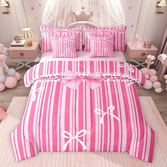 jejeloiu Kawaii Cartoon Bow 7-Piece Twin Bedding Sets,Pink Striped Print Bedding Comforter Set For Girl Kids Reversible