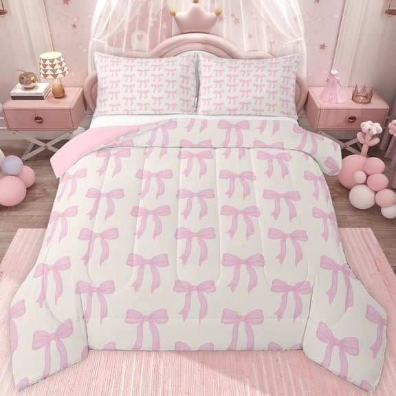 jejeloiu Kawaii Cartoon Bow Twin Comforter Sets,Pink Bowknot Print Bedding Set For Girl Kids Reversible 2pcs