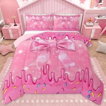 jejeloiu Kawaii Cartoon Bow Twin Comforter Sets,Pink Ice Cream Pattern Bedding Set For Girl Kids Reversible 2 Pieces