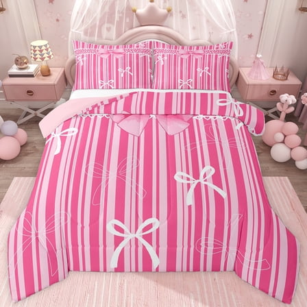 jejeloiu Kawaii Cartoon Bow Twin Comforter Sets,Pink Striped Print Bedding Set For Girl Kids Reversible 2pcs