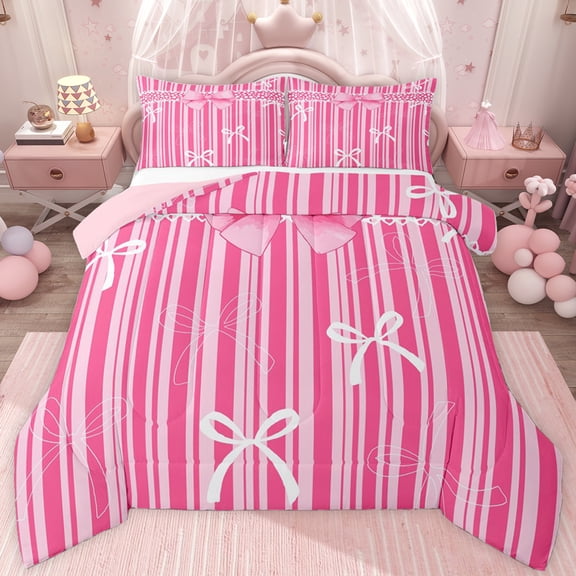 jejeloiu Kawaii Cartoon Bow Twin Comforter Sets,Pink Striped Print Bedding Set For Girl Kids Reversible 2pcs