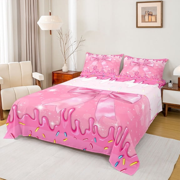 jejeloiu Kawaii Cartoon Bow Twin Sheet Sets,Pink Ice Cream Pattern Bedding For Girl Kids 3 Pieces