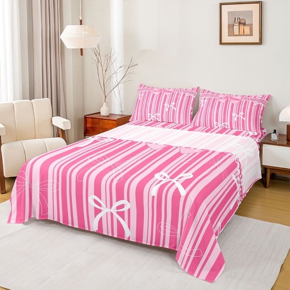 jejeloiu Kawaii Cartoon Bow Twin Sheet Sets,Pink Striped Print Bedding For Girl Kids 3pcs