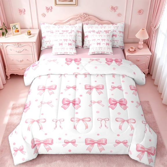 jejeloiu Kawaii Cartoon Bowknot 7-Piece Twin Bedding Sets,Pink Geometric Circle Dots Bedding Comforter Set For Girl Kids Reversible