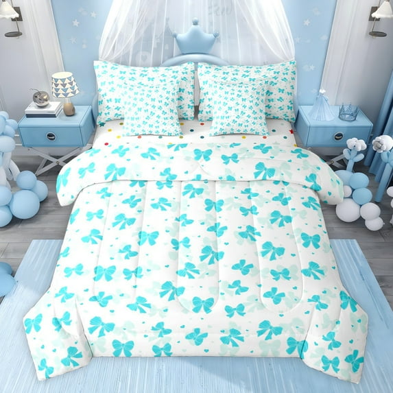 jejeloiu Kawaii Cartoon Bowknot 7 Pieces Bedding Comforter Set,Girls Blue Bow Full Bedding Set For Girl Kids Reversible