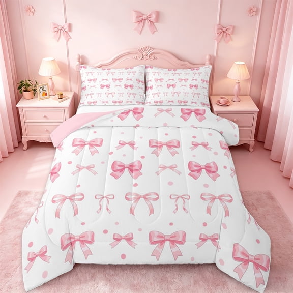 jejeloiu Kawaii Cartoon Bowknot Twin Comforter Sets,Pink Geometric Circle Dots Bedding Set For Girl Kids Reversible 2 Pieces