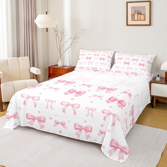 jejeloiu Kawaii Cartoon Bowknot Twin Sheet Sets,Pink Geometric Circle Dots Bedding For Girl Kids 3 Pieces