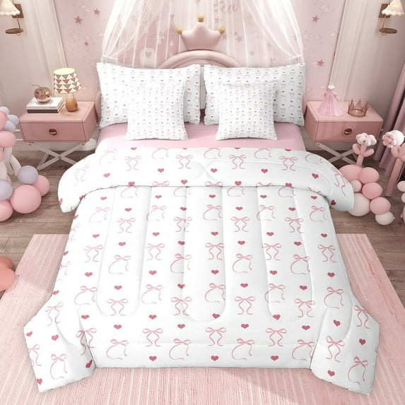 jejeloiu Kawaii Cartoon Bowtie 7-Piece Twin Bedding Sets,Dreamy Pink Loves Bedding Comforter Set For Girl Kids Reversible