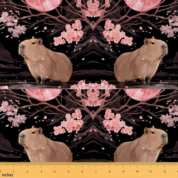 jejeloiu Kawaii Cartoon Capybara Fabric by the Yard 1 Yard,Romantic Sakura Home Decor Fabric by the Yard,Brown Black Pink Sewing Fabric For Girls Teens,Breathable Home Decor