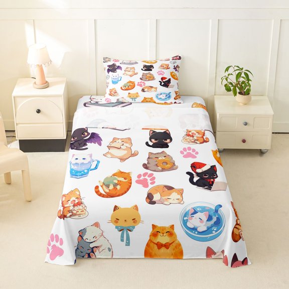 jejeloiu Kawaii Cartoon Cat Twin Sheet Sets Kids,3D Cute Kitten Pattern Bedding For Girls,3pcs