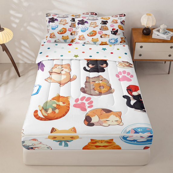 jejeloiu Kawaii Cartoon Cat Zipper Twin Comforter Sets with Fitted Sheet and 2 Pillowcases Kids,3D Cute Kitten Pattern Zipper Bedding Set For Girls,Reversible,4-Piece
