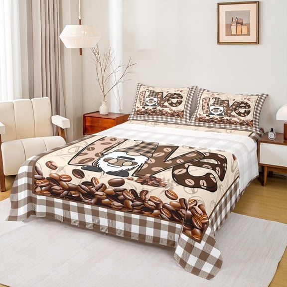 jejeloiu Kawaii Cartoon Gnome Bed Sheets,Happy Valentine'S Day King Sheets,Brown White Grid Sheet Set For Girls Boys,Microfiber Bedroom Decor,4-Piece