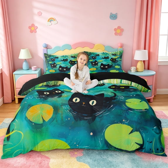 jejeloiu Kawaii Cartoon Queen Duvet Cover Set Kids,Magical Kitten Print Bedding,Reversible,3-Piece(No Comforter)