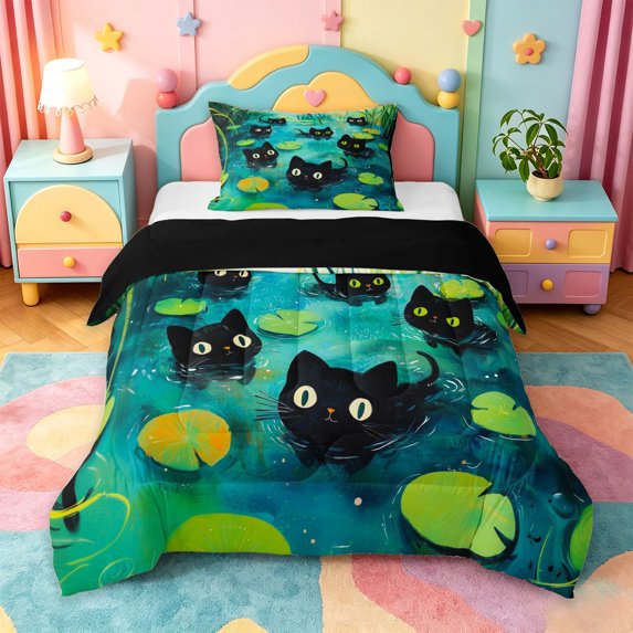 jejeloiu Kawaii Cartoon Twin Comforter Sets Kids,Magical Kitten Print Bedding Set,Reversible,2 Pieces