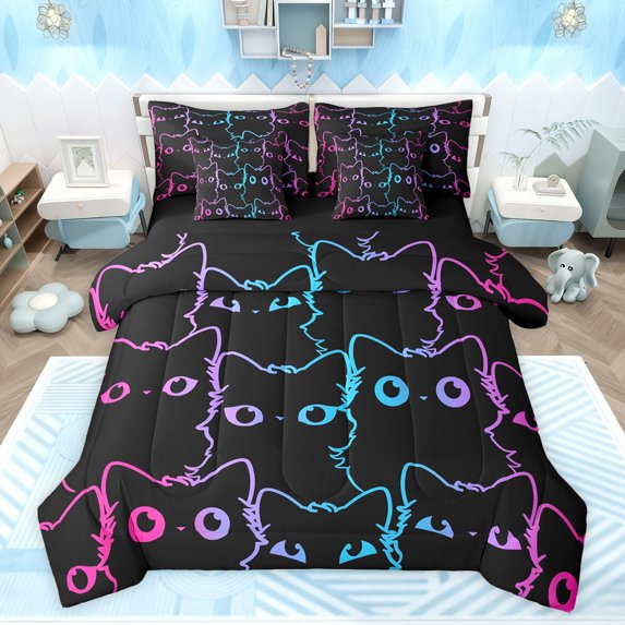 jejeloiu Kawaii Cat 7-Piece Twin Bedding Sets,Cartoon Cute Kitten Bedding Comforter Set,Neon Gradient Striped Sheet Sets For Girls Kids,Luxury Bedroom Decor Reversible
