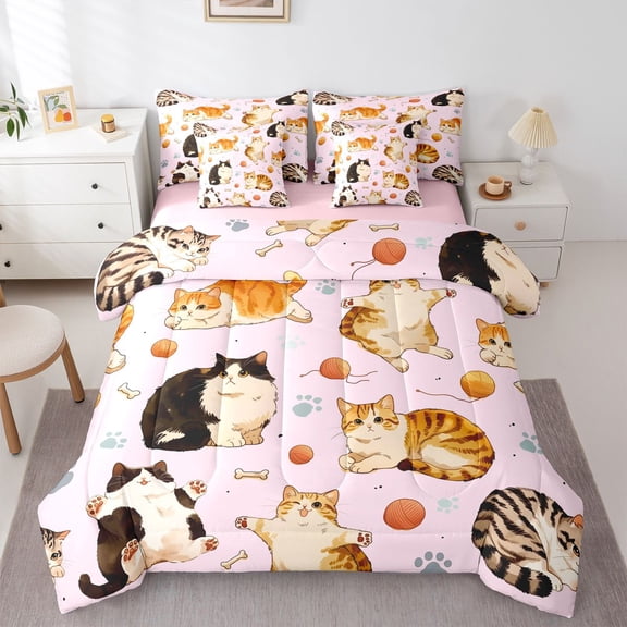 jejeloiu Kawaii Cat 7-Piece Twin Bedding Sets Kids,Girly Kitten Print Bedding Comforter Set,Reversible