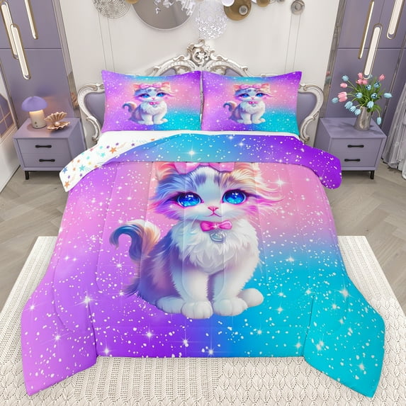 jejeloiu Kawaii Cat Bedding Comforter Set,Cartoon Cute Kitten Twin Comforter Sets,Colorful Ombre Effects Bedding Set For Girls Kids,Microfiber Bedroom Decor Reversible,2 Pieces