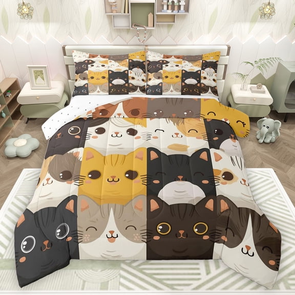 jejeloiu Kawaii Cat Bedding Comforter Set,Cute Kitten Twin Comforter Sets,Cartoon Pet Animal Bedding Set For Girls Kids,Luxury Bedroom Decor Reversible,2 Pieces