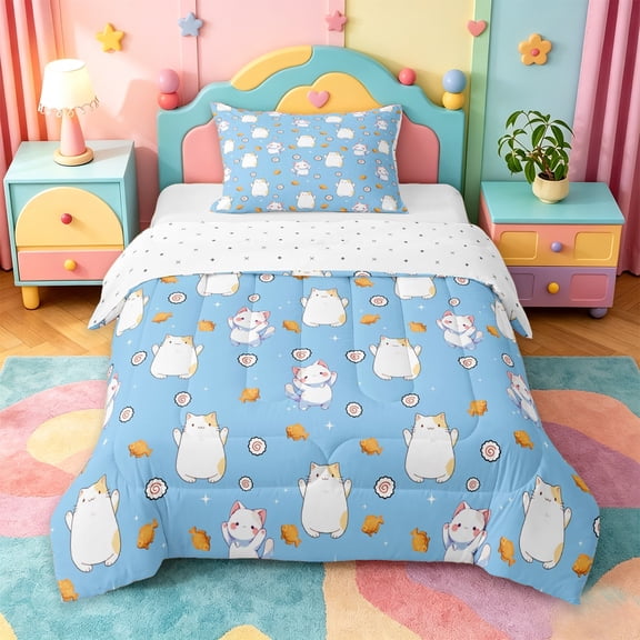 jejeloiu Kawaii Cat Fish Pattern Twin Comforter Sets Kids,Cute Print Bedding Set,Reversible,2-Piece