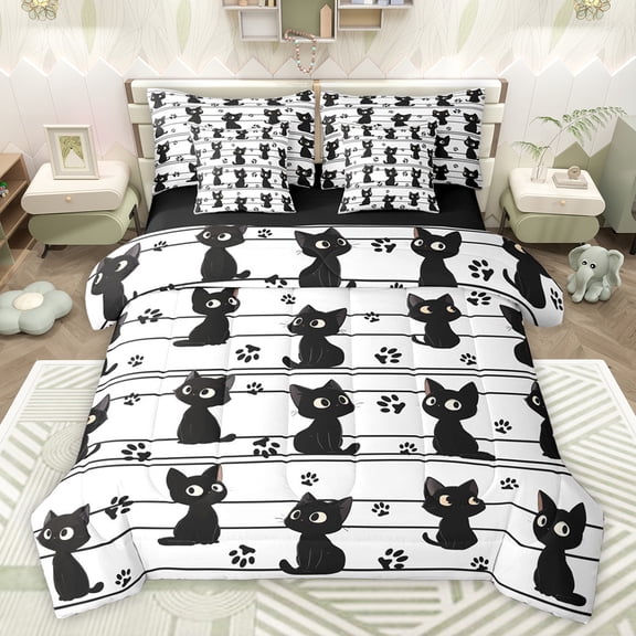 jejeloiu Kawaii Cat Kitten 7-Piece Twin Bedding Sets,Cute Cartoon Animal Bedding Comforter Set,Black Puppy Dogs Paws Sheet Sets For Kids,Super Cozy Room Decor Reversible