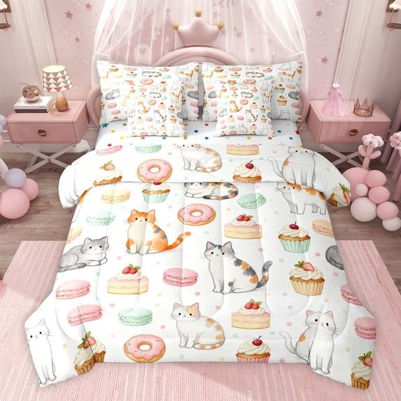 jejeloiu Kawaii Cat Kitten 7pcs Bedding Comforter Set,Sweet Strawberry Cake Donut Queen Bedding Sets For Kids Reversible