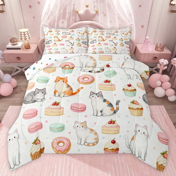 jejeloiu Kawaii Cat Kitten Full Size Comforter Sets,Sweet Strawberry Cake Donut Bedding Sets For Kids Reversible 3pcs