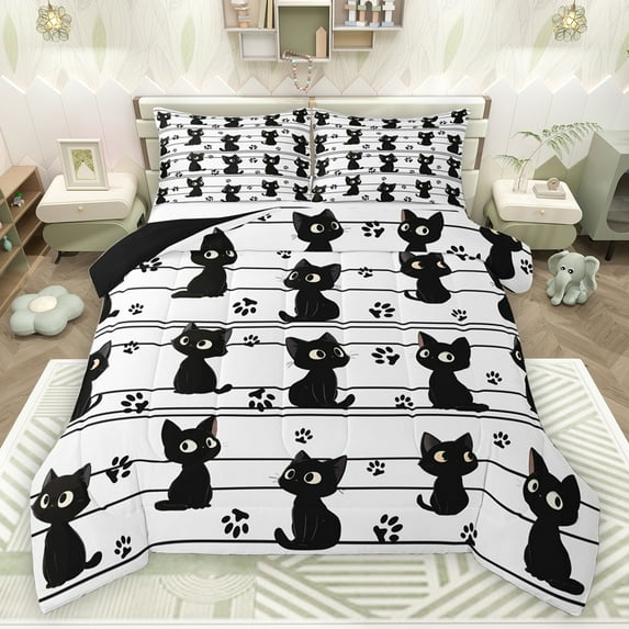 jejeloiu Kawaii Cat Kitten Queen Comforter Set,Cute Cartoon Animal Bedding Sets,Black Puppy Dogs Paws Bedding Comforter Set For Kids,Super Cozy Room Decor Reversible,3-Piece