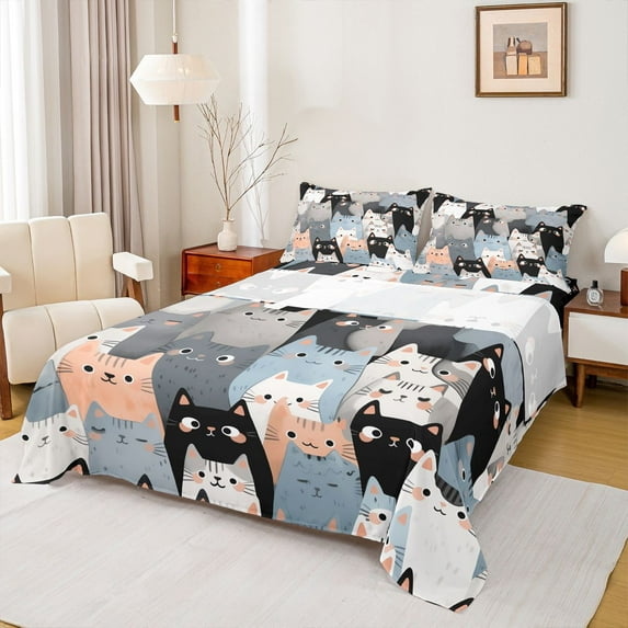 jejeloiu Kawaii Cat Kitten Twin Sheet Sets,Cute Cartoon Animal Twin Fitted Sheet,Pet Lovers Flat Sheet For Kids,Super Cozy Room Decor,3pcs