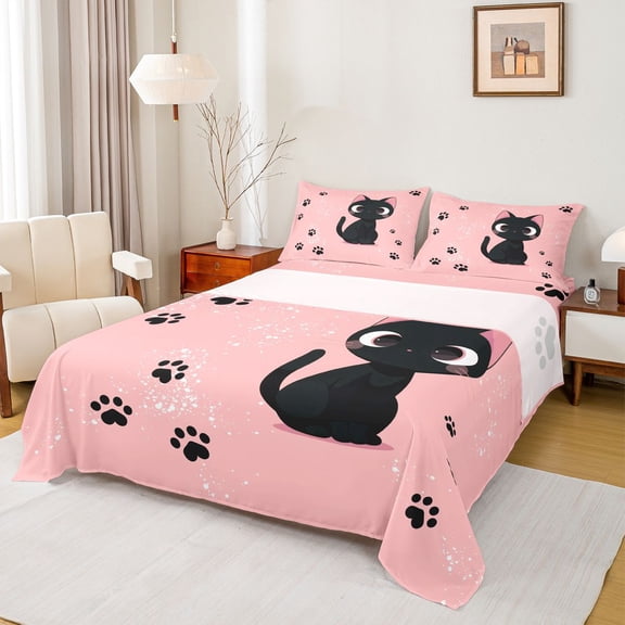 jejeloiu Kawaii Cat Kitten Twin Sheet Sets,Cute Dogs Paws Twin Fitted Sheet,Pink Black Flat Sheet For Kids,Super Cozy Room Decor,3pcs