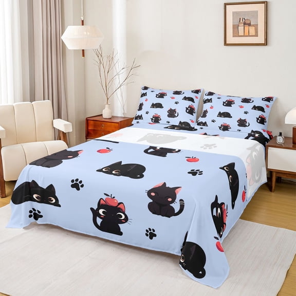 jejeloiu Kawaii Cat Kitten Twin Sheet Sets,Puppy Dogs Paws Print Twin Fitted Sheet,Blue Black Flat Sheet For Kids,Super Cozy Room Decor,3-Piece
