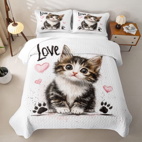 jejeloiu Kawaii Cat Quilt King Kids,Cute Kitten Print King Coverlet Set,3pcs