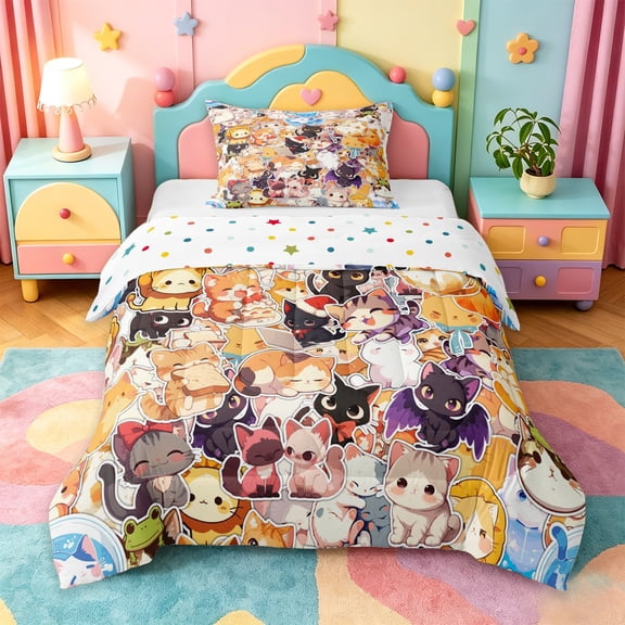 jejeloiu Kawaii Cat Twin Comforter Sets Kids,Cartoon Cute Kitten Print Bedding Set,Reversible,2-Piece