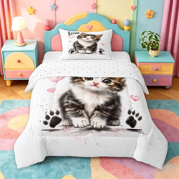 jejeloiu Kawaii Cat Twin Comforter Sets Kids,Cute Kitten Print Bedding Set,Reversible,2 Pieces