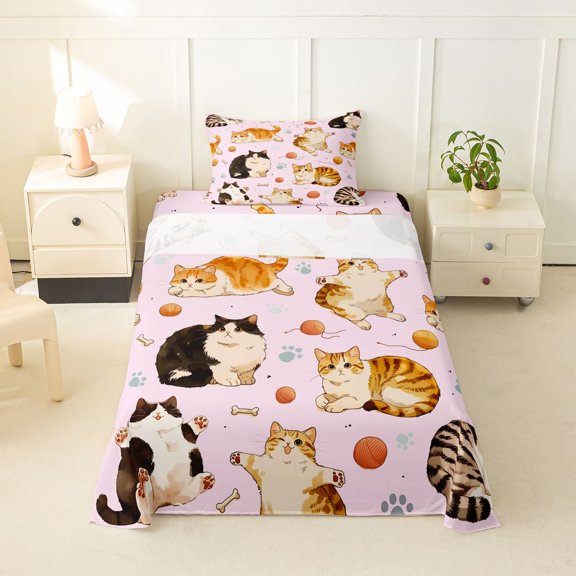 jejeloiu Kawaii Cat Twin Sheet Sets Kids,Girly Kitten Print Bedding,3-Piece