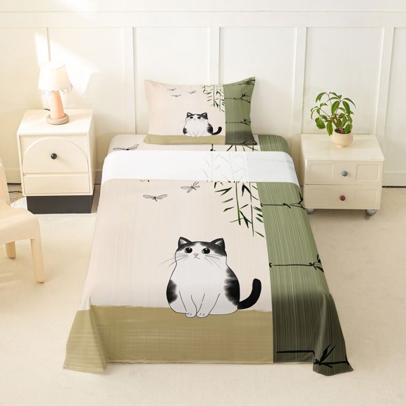 jejeloiu Kawaii Cat Twin Sheet Sets Kids,Minimal Kitten Print Bedding,3pcs