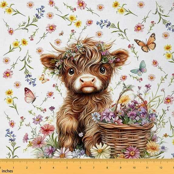 jejeloiu Kawaii Cattle Butterfly Fabric by the Yard 5 Yards,Western Farmhouse Fabric for Sewing,Colorful Daisy Lavender Home Decor Fabric by the Yard For Teens Child,Luxury Bedroom Decor