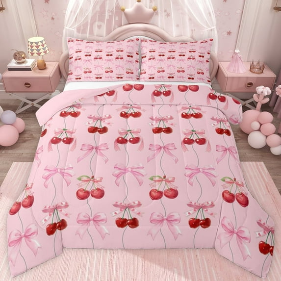 jejeloiu Kawaii Cherries Full Size Comforter Sets,Cute Cartoon Bowtie Bedding Sets For Girl Teens Reversible 3 Pieces