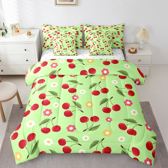 jejeloiu Kawaii Cherry 7-Piece Bedding Comforter Set,Cute Daisy Flower King Bedding Sets,Green Red Bed Sheets For Children,Breathable Home Decor Reversible