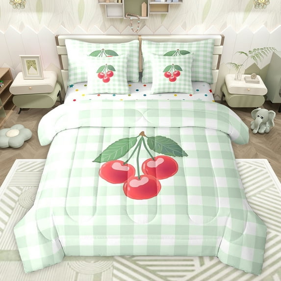 jejeloiu Kawaii Cherry 7 Pieces Bedding Comforter Set,Modern Geometric Plaid Full Bedding Set,Red Green Fitted Sheet Flat Sheet For Girls Teens,Ultra Soft Home Decor Reversible