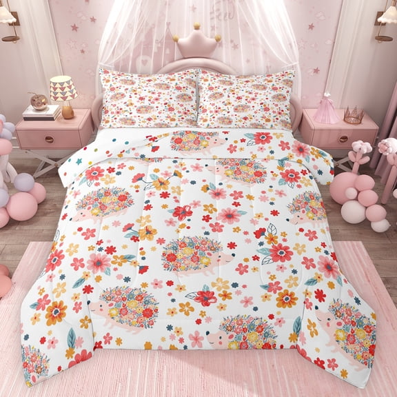 jejeloiu Kawaii Cherry Blossom Bedding Comforter Set,Cartoon Cute Flower Twin Comforter Sets,Wild Animal Hedgehog Bedding Set For Girls Kids,Breathable Home Decor Reversible,2-Piece