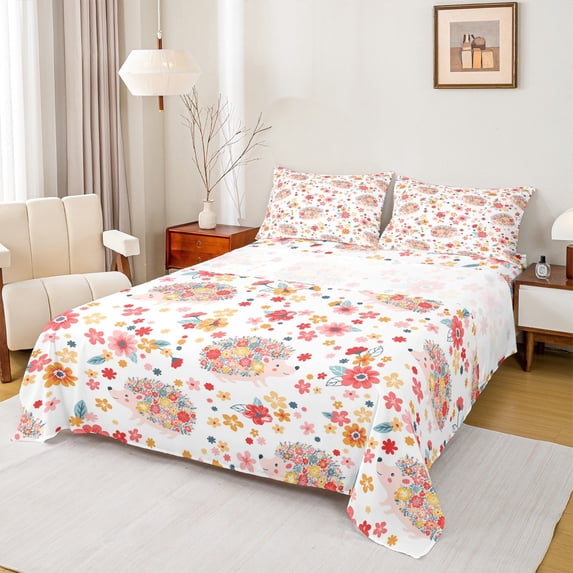 jejeloiu Kawaii Cherry Blossom Twin Sheet Sets,Cartoon Cute Flower Twin Fitted Sheet,Wild Animal Hedgehog Flat Sheet For Girls Kids,Breathable Home Decor,3-Piece